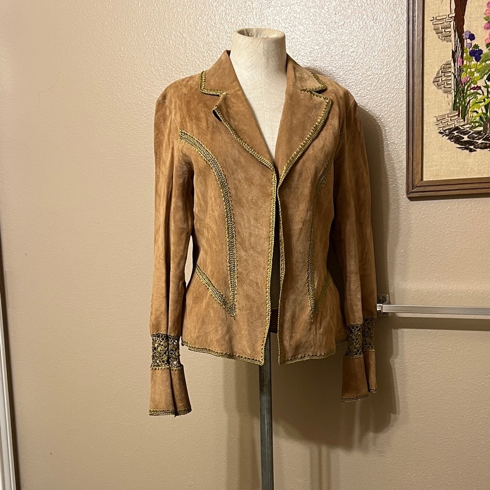 Vintage Lillie Rubin Tan Ultra Suede Jacket with Crochet Accents - M